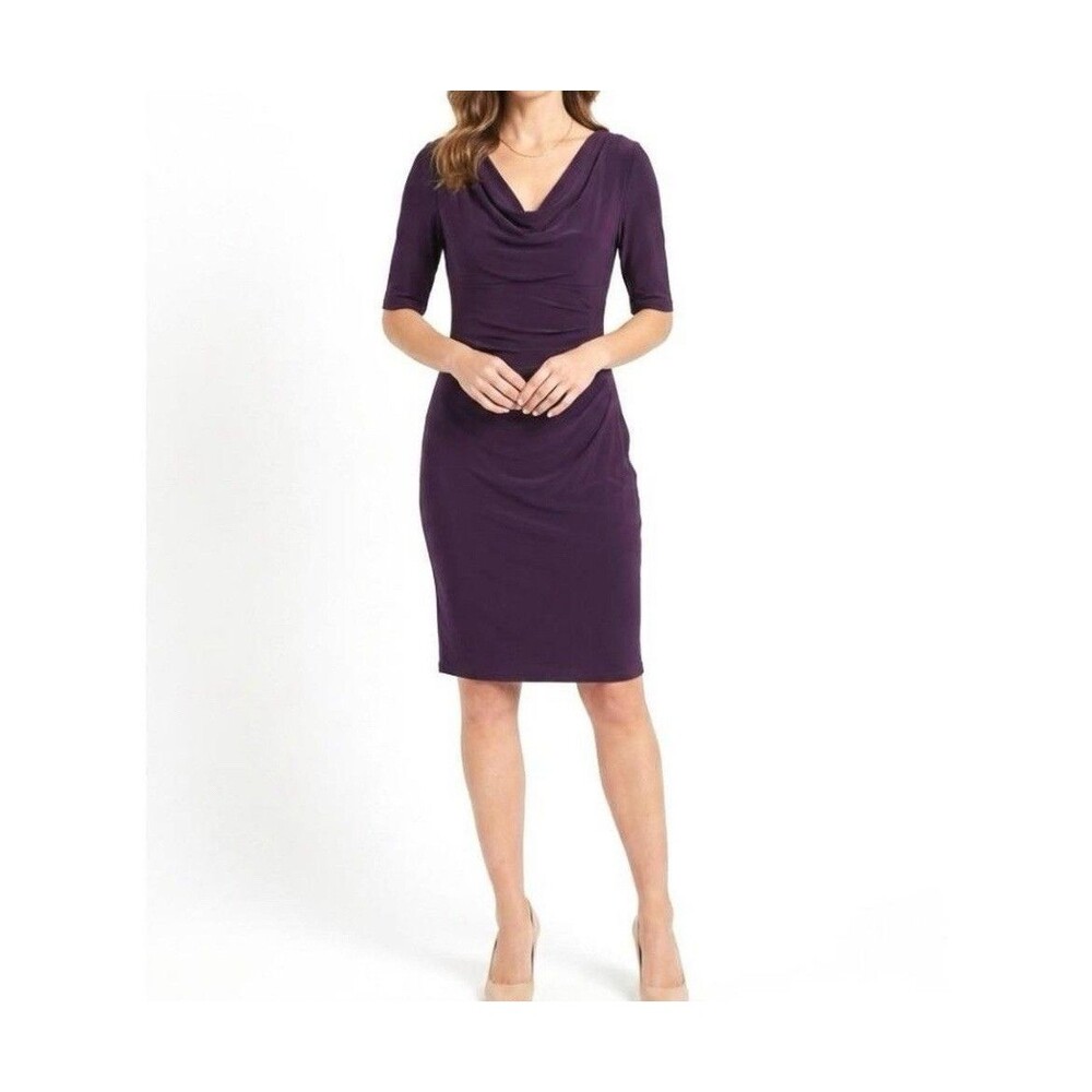 Ralph Lauren Womens Plum Jersey Sheath Dress Size 8 Drapey Cowl Neck Ruched